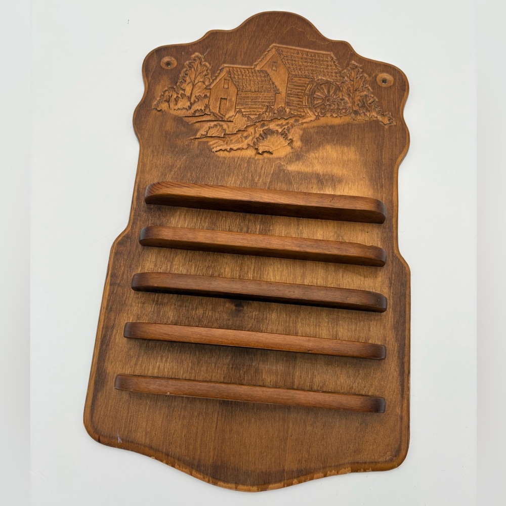 Vintage Wooden Thimble Rack Display with Carved Water Wheel Mill Design